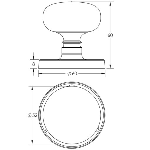 Jedo Mushroom Mortice Door Knobs 60mm Diameter