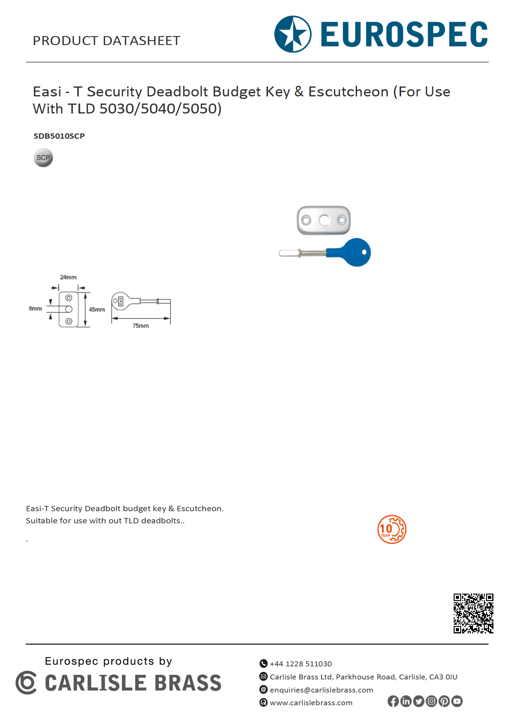 Easi - T Security Deadbolt Budget Key & Escutcheon (For Use With TLD 5030/5040/5050) - Image 2
